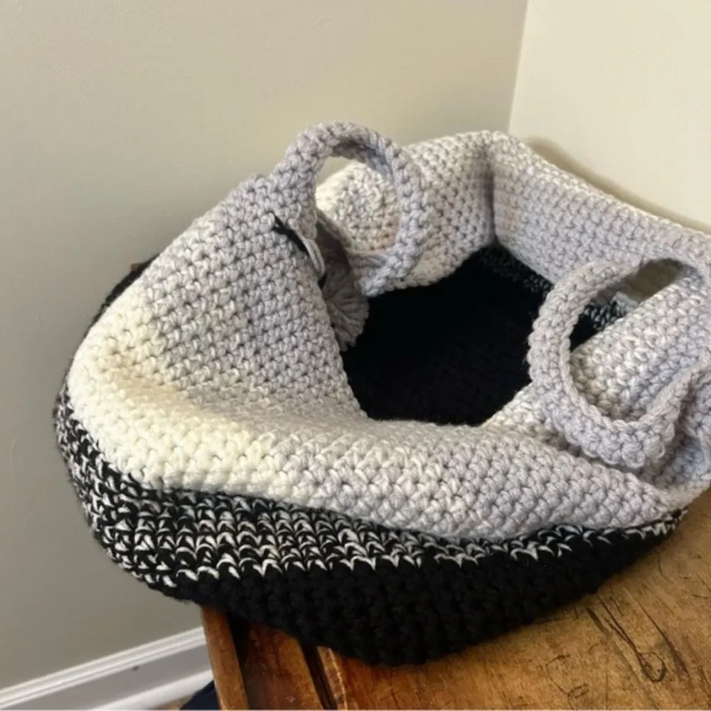 Large Homemade Hand Knit Soft Tote Basket Toy Storage Black Cream Gray Crochet